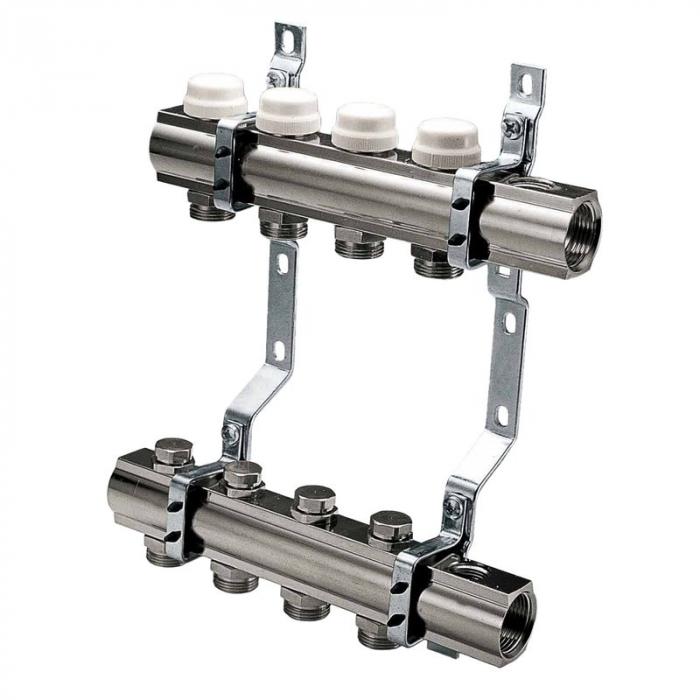Set distribuitor tur-retur, 9 circuite, 1 1/4“ x EK, Adancime=110 mm, insertie termostatabila retur cu capac protectie, si iesiri pentru robinet/ventil, CI 594 CN [1]