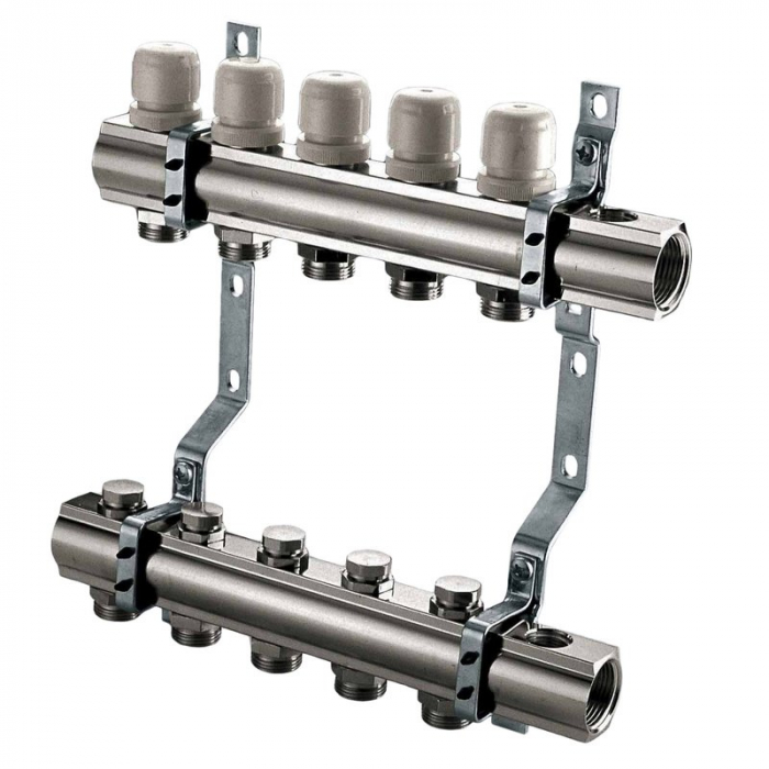 Set distribuitor tur-retur, 9 circuite, 1“ x EK, Adancime=80 mm, insertie termostatabila retur, si iesiri pentru robinet/ventil, CI 594 MN [1]