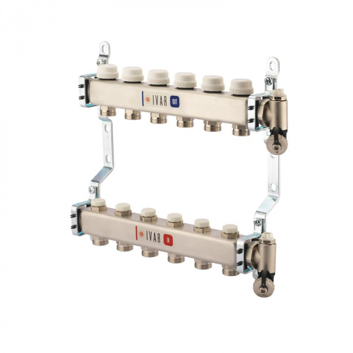 Set distribuitor tur-retur, 13 cai, 1" x EK, A=80 mm, insertie termostatabila retur cu capac de protectie, dop capat, ventil aerisire, robineti umplere/golire, CI 591 C [1]