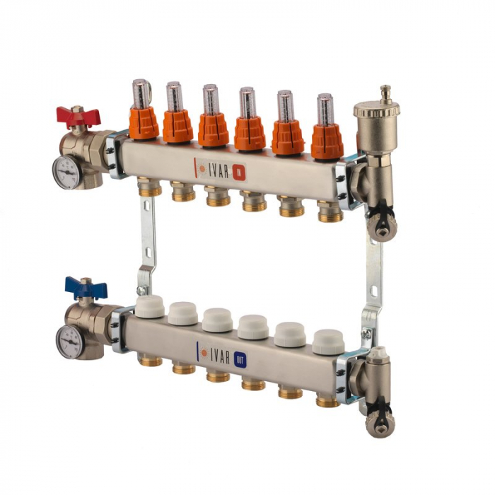 Set distribuitor tur-retur cu debitmetre, 7 cai, 1" x EK, A=80 mm, insertie termostatabila retur cu capac de protectie, robineti sfera colt, aerisitor, robineti umplere/golire, KCA 02 AS [1]