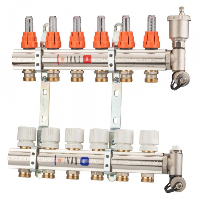 Set distribuitor tur-retur cu debitmetre, 9 cai, 1" x EK, Adancime=80 mm, insertie termostatata pe retur, dop cu ventil aerisire, KC 02 KC [1]
