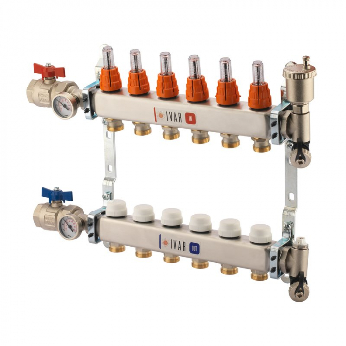 Set distribuitor tur-retur cu debitmetre, 13 cai, 1" x EK, A=80 mm, insertie termostatabila retur cu capac de protectie, robineti sfera drepti, aerisitor, robineti umplere/golire, KCA 02 A [1]