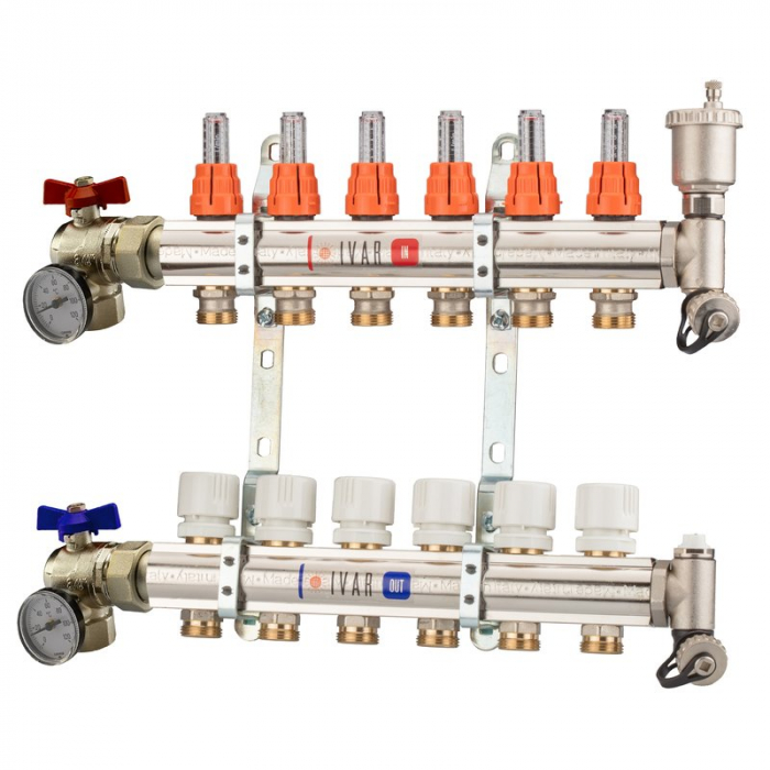 Set distribuitor tur-retur cu debitmetre, 9 cai, 1" x EK, Adancime=80 mm, insertie termostatata pe retur, robinet sfera colt cu OL, KC 02 AS [1]
