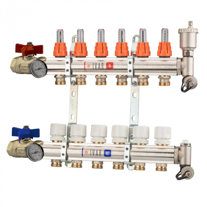 Set distribuitor tur-retur cu debitmetre, 9 cai, 1" x EK, Adancime=80 mm, insertie termostatata pe retur, robinet sfera drept cu OL, KC 02 A [1]