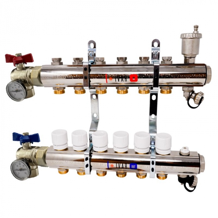 Set distribuitor tur-retur, 9 cai, 1 1/4" x EK, Adancime=110 mm, insertie termostata pe retur, robineti sfera colt, ventil aerisire, KC 01 AS [1]