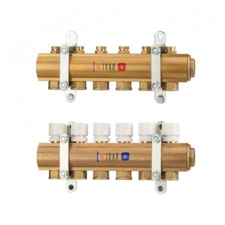 Distribuitoare bara alama - Set distribuitor tur-retur alama, 9 cai, 1 1/2" x 3/4“ F, A=120 mm, insertie termostatata pe retur, console, dopuri, KC 005