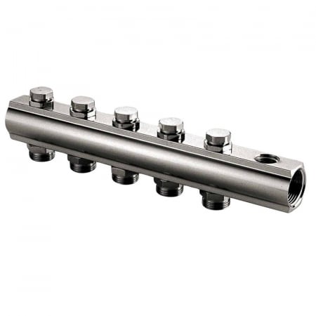 Distribuitoare bara alama - Distribuitor bara tur, 5 circuite, 1" x EUROK, cu iesire ventil aerisire si robinet golire/umplere, CI 553 N