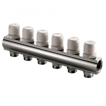 Distribuitoare bara alama - Distribuitor retur, cu reglaj manual, 11 circuite, 1 1/4" x EK, cu insertii termostatabile si capac protectie, CI 554 MN