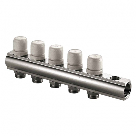 Distribuitoare bara alama - Distribuitor retur cu reglaj manual, 8 circuite, 1 1/4“ x EK, iesire ventil si robinet, CI 555 MN