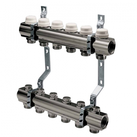 Distribuitoare bara alama - Set distribuitor tur-retur, 8 circuite, 1“ x EK, Adancime=80 mm, insertii termostatabile cu capac de protectie, CI 562 CN