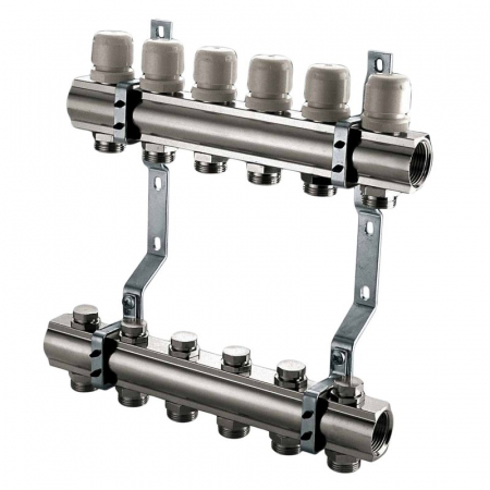 Distribuitoare bara alama - Set distribuitor tur-retur, 12 circuite, 1“ x EK, Adancime=80 mm, insertie termostatabila retur, CI 562 MN