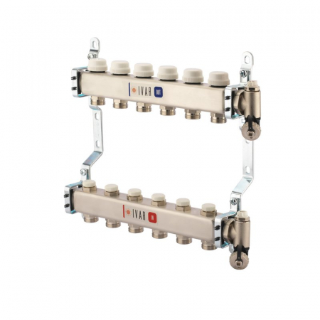 Distribuitoare inox - Set distribuitor tur-retur, 7 cai, 1" x EK, A=110 mm, insertie termostatabila retur cu capac de protectie, dop capat, ventil aerisire, robineti umplere/golire, CI 591 C