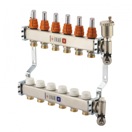 Distribuitoare inox - Set distribuitor tur-retur cu debitmetre, 6 cai, 1" x EK, A=80 mm, insertie termostatabila retur cu capac de protectie, dop capat, aerisitor, robineti umplere/golire, CI 592 KC