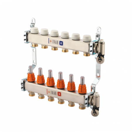 Distribuitoare inox - Set distribuitor tur-retur cu debitmetre, 7 cai, 1" x EK, A=110 mm, insertie termostatabila retur cu capac de protectie, dop capat, ventil aerisire, robineti umplere/golire, CI 592 C