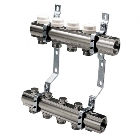 Distribuitoare bara alama - Set distribuitor tur-retur, 10 circuite, 1“ x EK, Adancime=110 mm, insertie termostatabila retur cu capac protectie, si iesiri pentru robinet/ventil, CI 594 CN