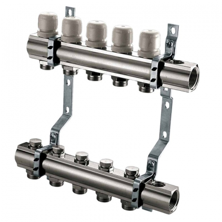 Distribuitoare bara alama - Set distribuitor tur-retur, 11 circuite, 1“ x EK, Adancime=80 mm, insertie termostatabila retur, si iesiri pentru robinet/ventil, CI 594 MN