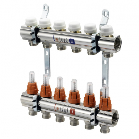 Distribuitoare - Set distribuitor tur-retur cu debitmetre, 8 circuite, 1“ x EK, Adancime=110 mm, insertie termostatabila retur cu capac de protectie, CI 595 CN