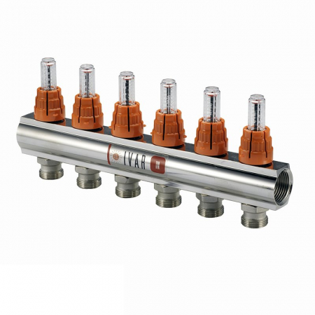 Distribuitoare bara alama - Distribuitor cu debitmetru FLUXER (0-5 l/min), 6 circuite, 1 1/4“ x EK, CI 600 N