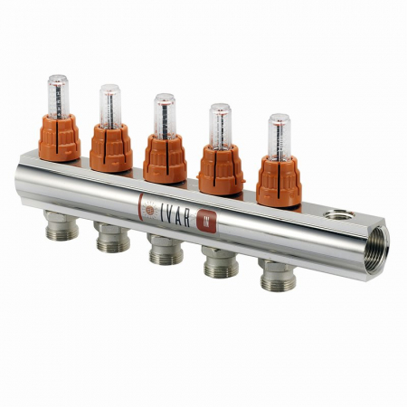 Distribuitoare bara alama - Distribuitor cu debitmetru FLUXER (0-5 l/min), 9 circuite, 1 1/4“ x EK, cu iesiri pentru robinet si ventil, CI 601 N