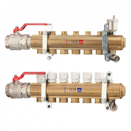 Distribuitoare bara alama - Set distribuitor tur-retur alama, 12 cai, 1 1/2" x 3/4“ F, A=120 mm, insertie termostatata pe retur, robinet sfera drept cu OL, console, dopuri, KSA 035