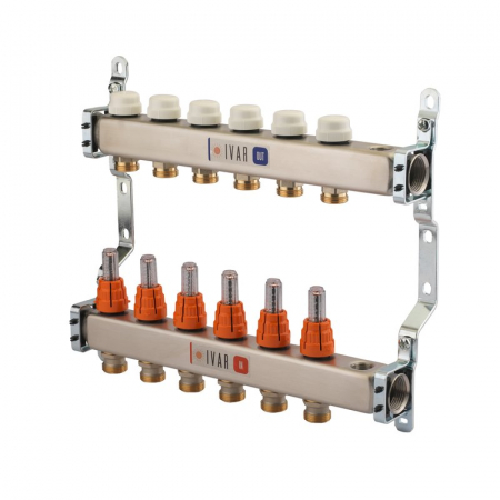 Distribuitoare inox - Set distribuitor tur-retur cu debitmetre, 8 cai, 1" x EK, A=80 mm, insertie termostatabila cu capac de protectie, cu iesiri pentru ventil aerisire si robineti golire, CI 586 C