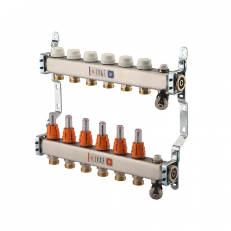 Distribuitoare inox - Set distribuitor tur-retur cu debitmetre, 5 cai, 1" x EK, A=80 mm, insertie termostatabila cu capac de protectie, cu pentru ventil aerisire si robineti golire, CI 587 C