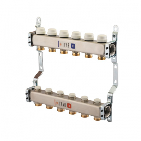 Distribuitoare inox - Set distribuitor tur-retur cu debitmetre, 13 cai, 1" x EK, A=80 mm, insertie termostatabila cu capac de protectie, console, CI 587 C