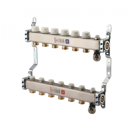 Distribuitoare inox - Set distribuitor tur-retur, 11 cai, 1" x EK, A=80 mm, insertie termostatabila retur cu capac de protectie, ventil aerisire, robineti umplere/golire, CI 590 C