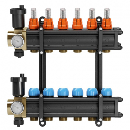 Distribuitoare plastic - Set distribuitor tur-retur plastic cu debitmetre, 8 cai, 1" x EK, A=95 mm, insertie termostata retur, ventil aerisire, robineti umplere/golire, CP 0001