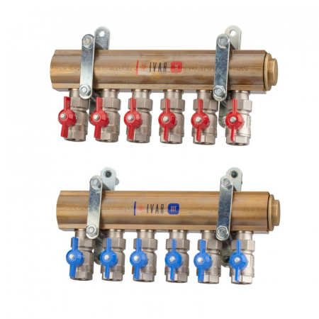 Distribuitoare bara alama - Set distribuitor tur-retur, 7 cai, 1“1/2 x 3/4“ F, A=130 mm, cu console, dopuri si conexiuni cu robineti sfera de izolare, KSA 036