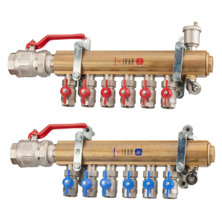 Distribuitoare bara alama - Set distribuitor tur-retur, 10 cai, 1“1/2 x 3/4“ F, A=130 mm, robineti sfera drepti cu OL, KSA 037