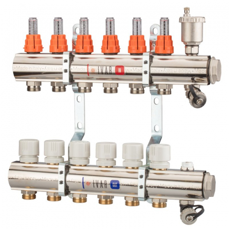 Distribuitoare bara alama - Set distribuitor tur-retur cu debitmetre, 2 cai, 1 1/4" x EK, Adancime=110 mm, insertie termostatata pe retur, dop cu ventil aerisire, KC 02 KC
