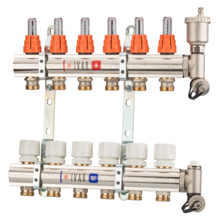 Distribuitoare bara alama - Set distribuitor tur-retur cu debitmetre, 2 cai, 1" x EK, Adancime=80 mm, insertie termostatata pe retur, dop cu ventil aerisire, KC 02 KC