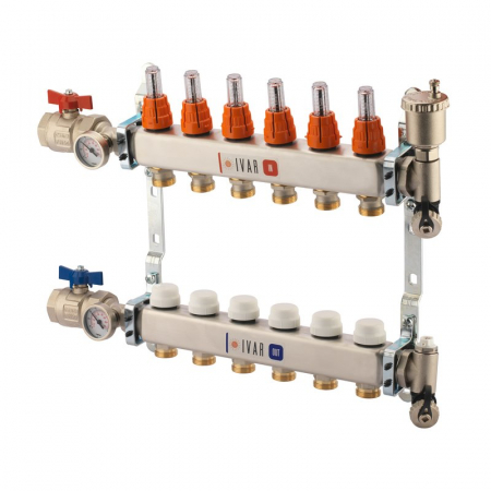 Distribuitoare inox - Set distribuitor tur-retur cu debitmetre, 13 cai, 1" x EK, A=80 mm, insertie termostatabila retur cu capac de protectie, robineti sfera drepti, aerisitor, robineti umplere/golire, KCA 02 A