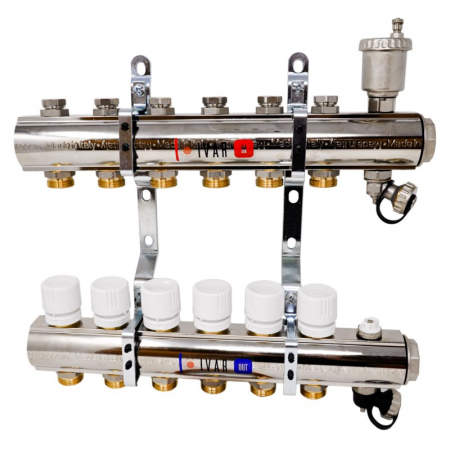 Distribuitoare bara alama - Set distribuitor tur-retur, 12 cai, 1 1/4" x EK, Adancime=110 mm, cap protectie cu reglaj manual retur, ventil aerisire, KC 01 K