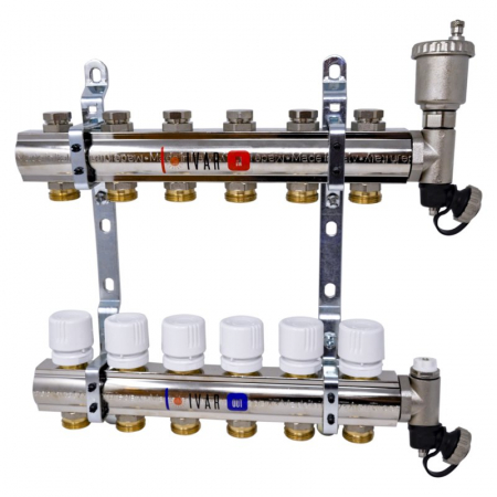 Distribuitoare bara alama - Set distribuitor tur-retur, 3 cai, 1" x EK, Adancime=80 mm, cap protectie cu reglaj manual retur, ventil aerisire, KC 01 K