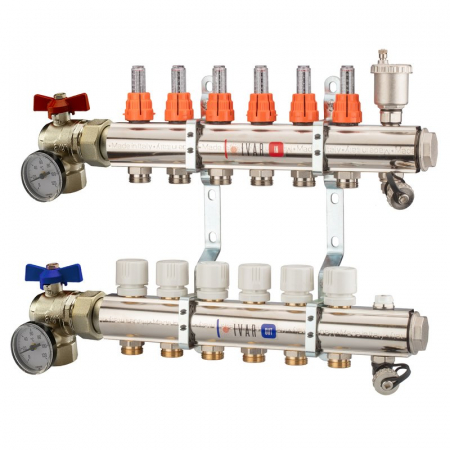 Distribuitoare bara alama - Set distribuitor tur-retur cu debitmetre, 3 cai, 1 1/4" x EK, Adancime=110 mm, insertie termostatata pe retur, robinet sfera colt cu OL, KC 02 AS