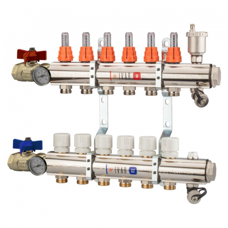 Distribuitoare bara alama - Set distribuitor tur-retur cu debitmetre, 9 cai, 1 1/4" x EK, Adancime=110 mm, insertie termostatata pe retur, robinet sfera drept cu OL, KC 02 A