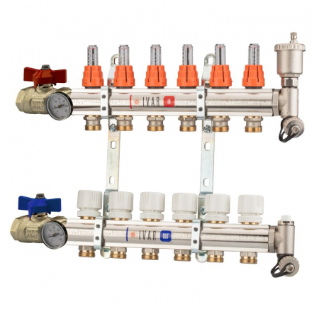 Distribuitoare bara alama - Set distribuitor tur-retur cu debitmetre, 9 cai, 1" x EK, Adancime=80 mm, insertie termostatata pe retur, robinet sfera drept cu OL, KC 02 A