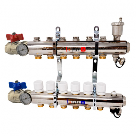 Distribuitoare bara alama - Set distribuitor tur-retur, 2 cai, 1 1/4" x EK, Adancime=110 mm, insertie termostata pe retur, robineti, ventil aerisire, KC 01 A