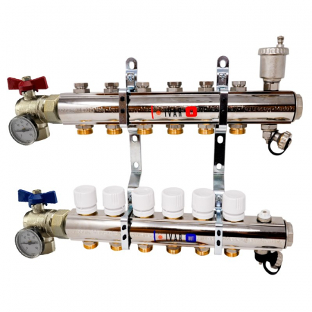 Distribuitoare bara alama - Set distribuitor tur-retur, 8 cai, 1 1/4" x EK, Adancime=110 mm, insertie termostata pe retur, robineti sfera colt, ventil aerisire, KC 01 AS