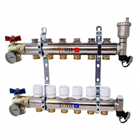 Distribuitoare bara alama - Set distribuitor tur-retur, 3 cai, 1" x EK, Adancime=80 mm, insertie termostata pe retur, robineti sfera colt, ventil aerisire, KC 01 AS