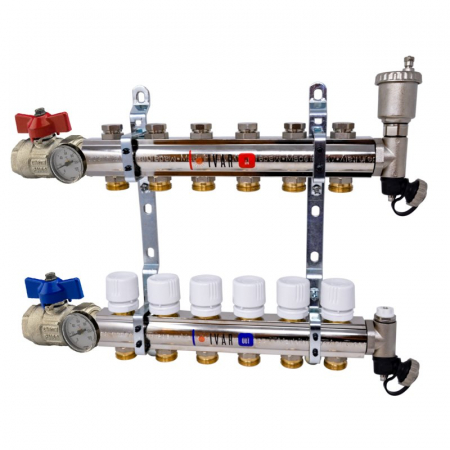 Distribuitoare bara alama - Set distribuitor tur-retur, 10 cai, 1" x EK, Adancime=80 mm, insertie termostata pe retur, robineti, ventil aerisire, KC 01 A