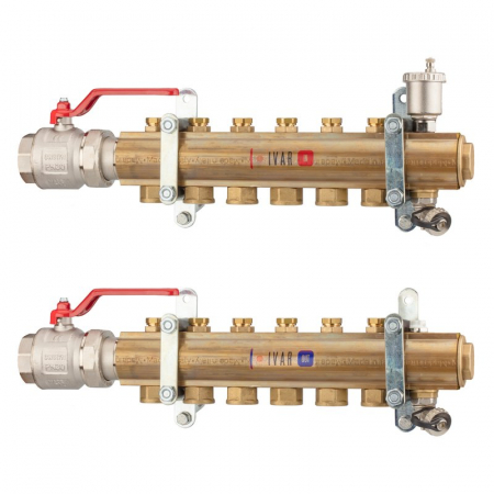 Distribuitoare bara alama - Set distribuitor tur-retur alama, 8 cai, 1 1/2" x 3/4“ F, A=120 mm, insertie termostatata pe retur, robineti sfera drepti cu OL, KC 003