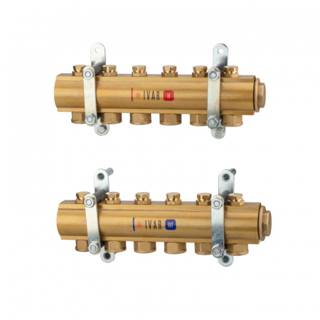 Distribuitoare bara alama - Set distribuitor tur-retur alama, 4 cai, 1 1/2" x 3/4“ F, A=120 mm, insertie termostatata pe retur, console, dopuri, KC 005