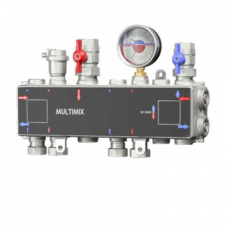 MULTIMIX - Distribuitor cu 2 căi, G 1“ F x G 3/4“ F, complet cu supape, manometru si aerisitor, MUL 0032 AC