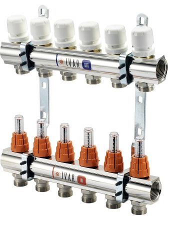 Distribuitor/colector cu debitmetre - Set distribuitor tur-retur cu debitmetre, 7 circuite, 1“ x EK, Adancime=110 mm, insertie termostatabila retur, CI 595 CN