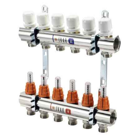 Distribuitoare bara alama - Set distribuitor tur-retur cu debitmetre, 11 circuite, 1 1/4“ x EK, Adancime=110 mm, insertie termostatabila retur, CI 595 MN