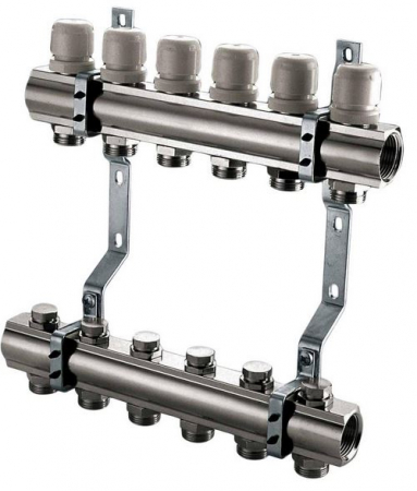 Distribuitoare bara alama - Set distribuitor tur-retur, 9 circuite, 1“ x EK, Adancime=110 mm, insertie termostatabila retur, CI 562 MN