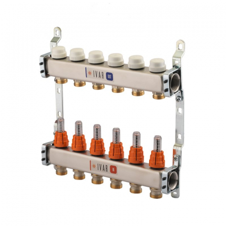 Set distribuitor tur-retur cu debitmetre, 2 cai, 1" x EK, A=80 mm, insertie termostatabila retur cu capac de protectie, console, CI 588 C [1]